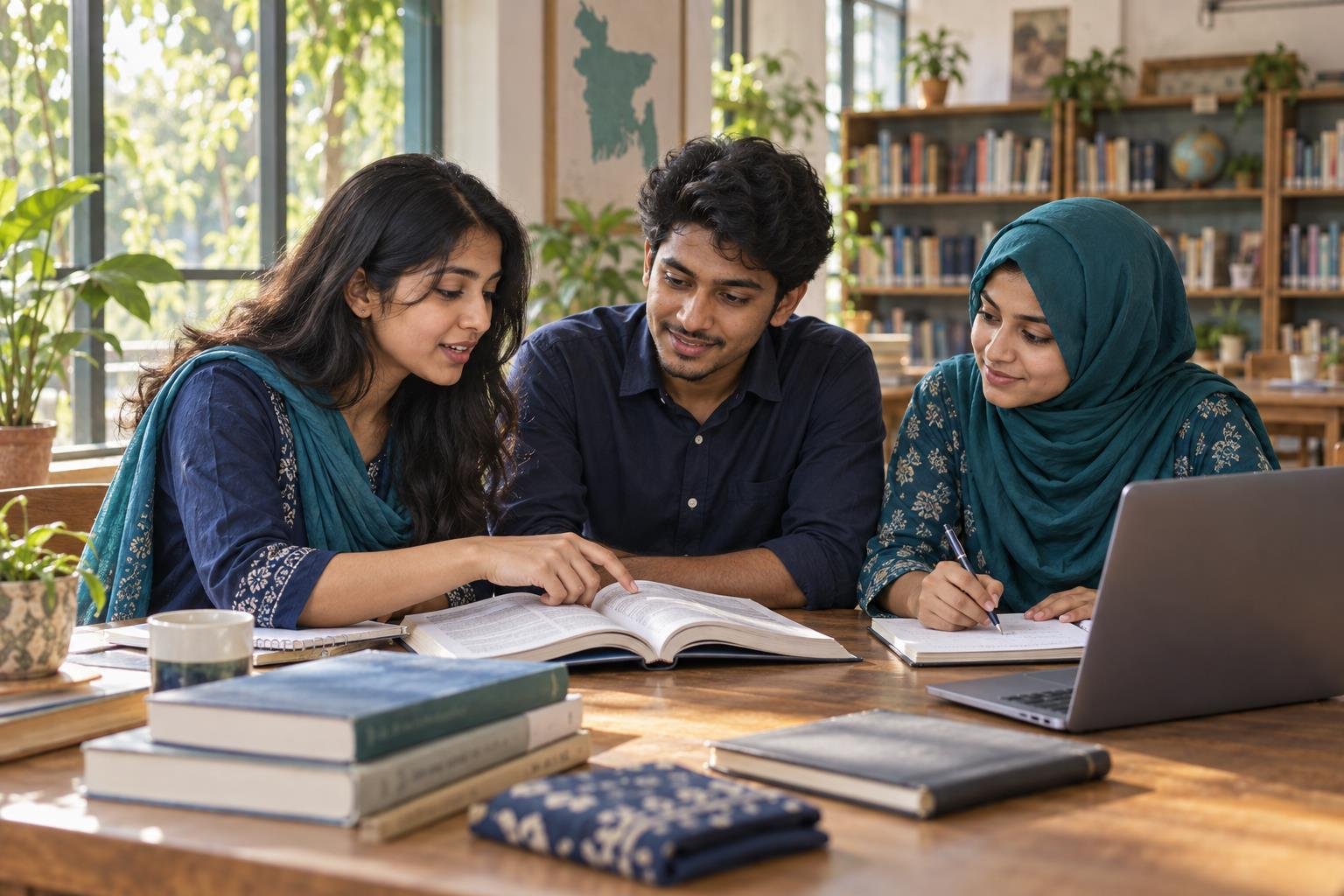 Illustration of Bangladeshi students learning together in a library