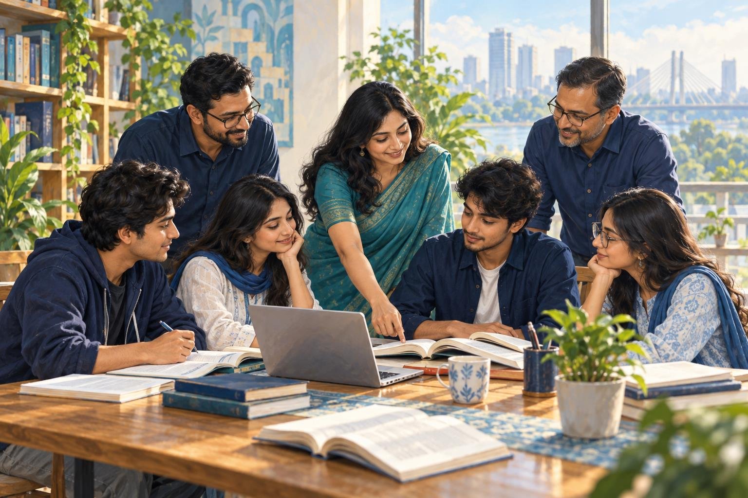 Illustration of educators mentoring university students